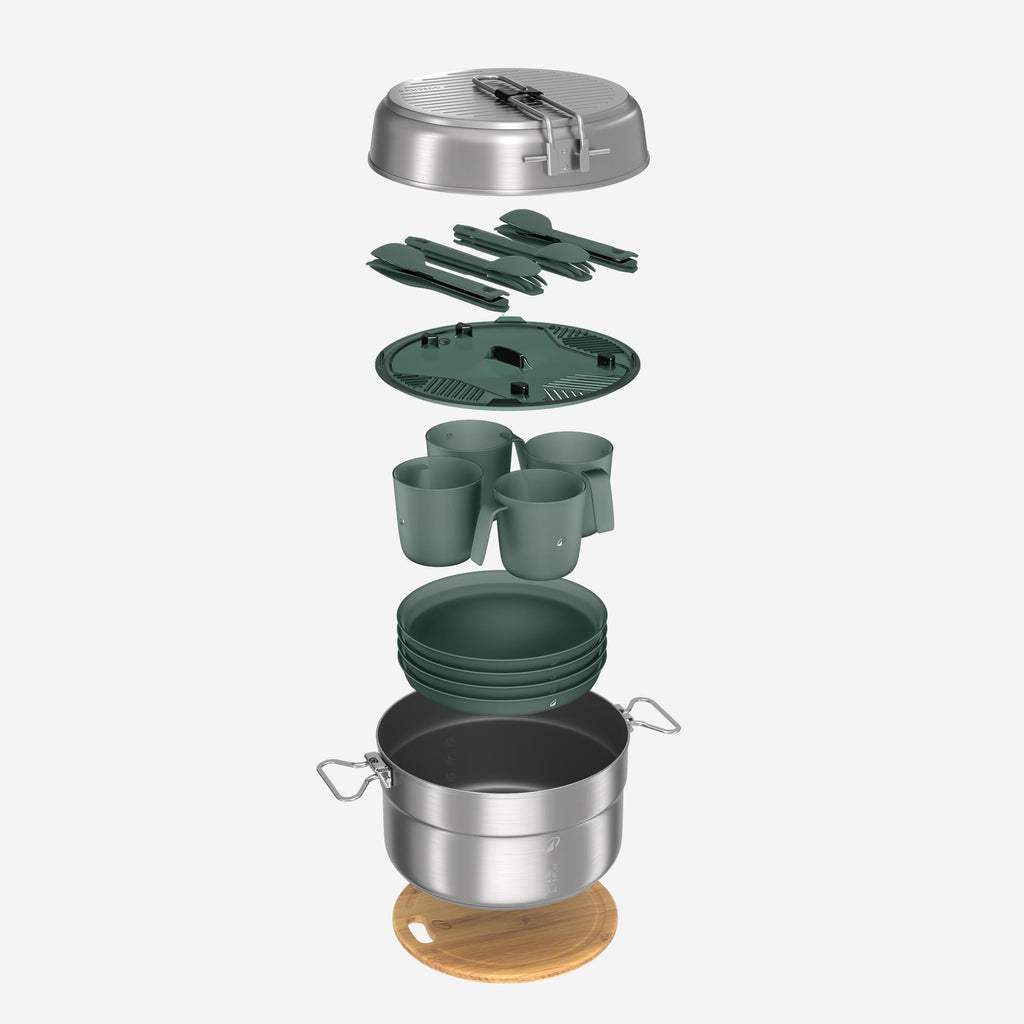 Quechua 500 Stainless Steel Nonstick Camping Cookset – 25-Piece for 4 People