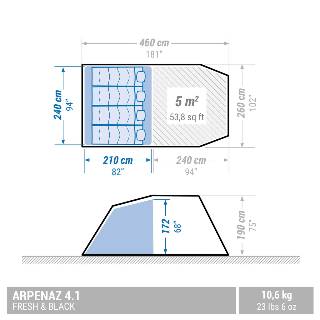 Quechua Arpenaz Fresh & Black Family Camping Tent 4 Person 1 Bedroom