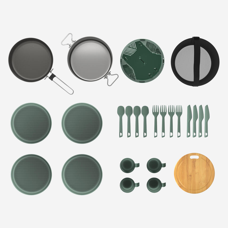 Quechua 500 Stainless Steel Nonstick Camping Cookset – 25-Piece for 4 People